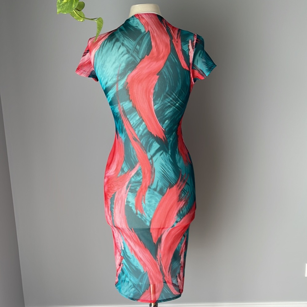 FashionNova fully lined sheer mesh teal red pink dress size S - Picture 4 of 8